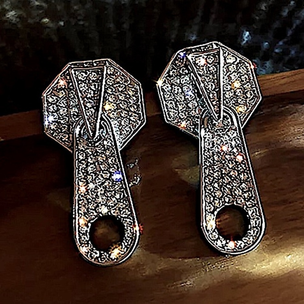 Silver Tone Zipper Pull Earrings Crystal Pave Edgy Punk Rock Studs Novelty Gift